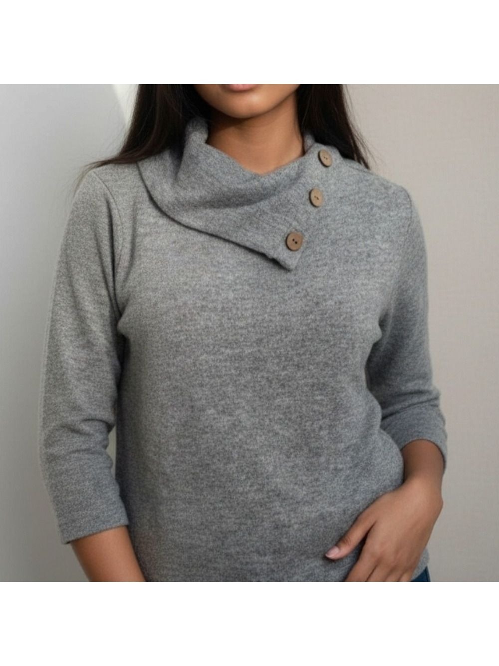 Nwt NeW Elegant Gray Cowl Neck L Sweater with Button Accents Warm & Super Soft